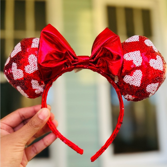 Disney Accessories - Disney Red with White Hearts Sequin Bow Headband